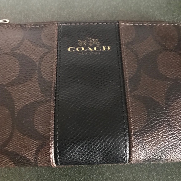 Coach Corner Zip Wristlet in Signature Coated Canvas Leather Stripe Brown/Black - Picture 6 of 16